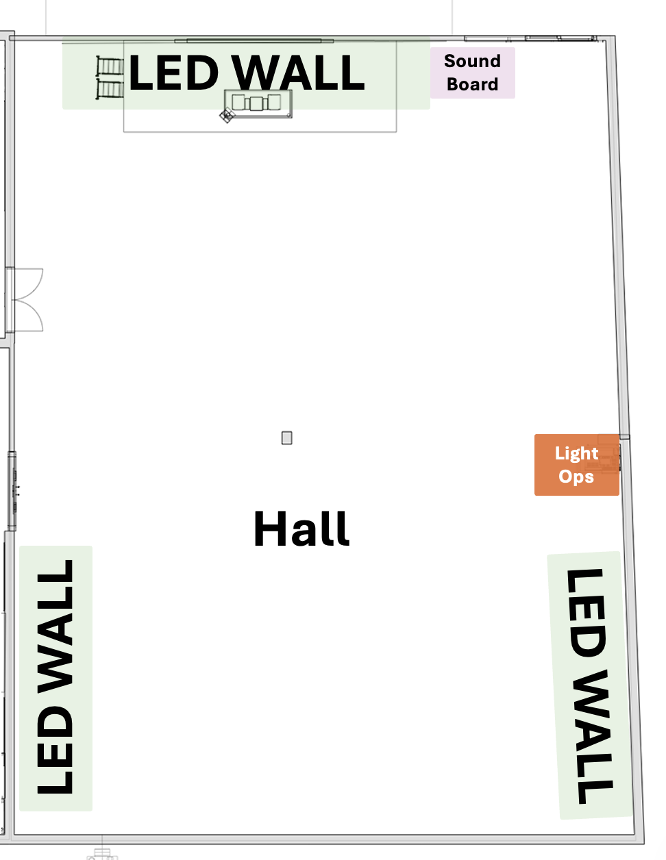 Event Hall layout showing the main and side LED walls, sound board, and lighting operations positions